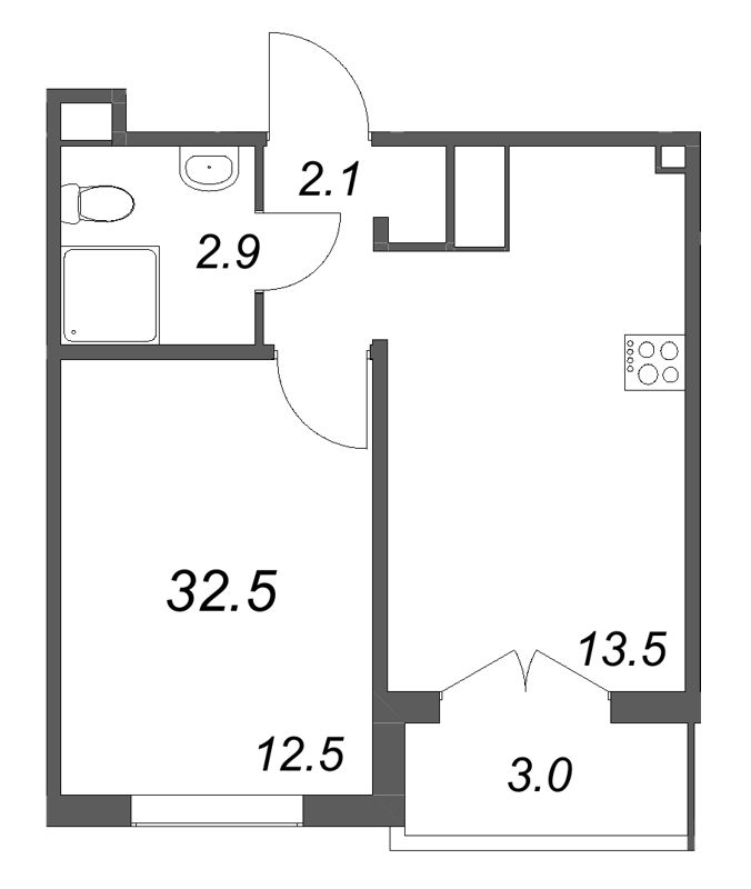 1-комнатная квартира, 32.5 м² в ЖК "Пейзажный квартал" - планировка, фото №1