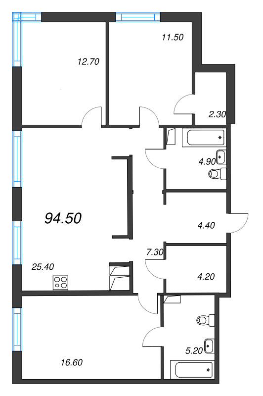 4-комнатная (Евро) квартира, 94.5 м² в ЖК "Струны" - планировка, фото №1