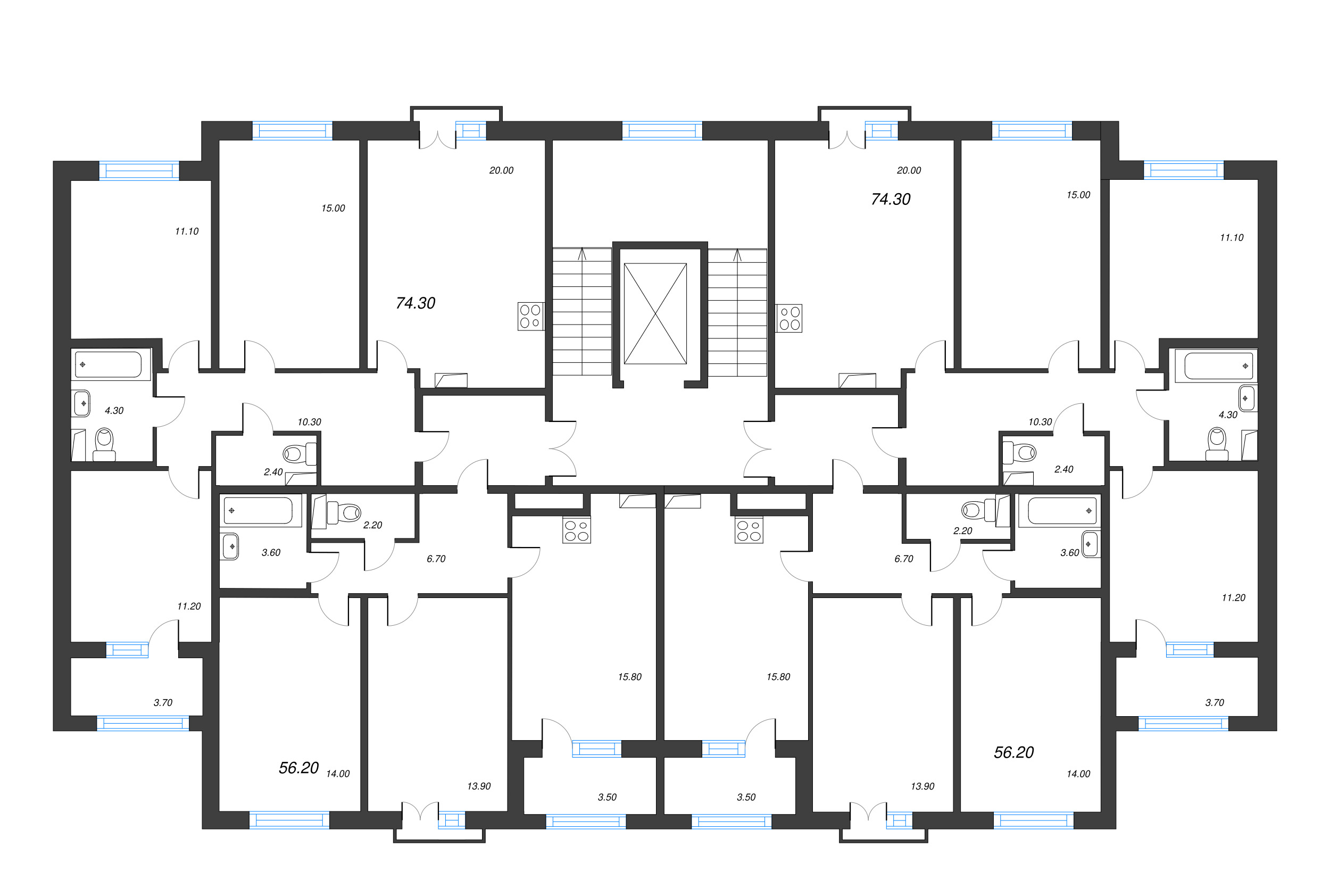 4-комнатная (Евро) квартира, 74.3 м² в ЖК "Дубровский" - планировка этажа