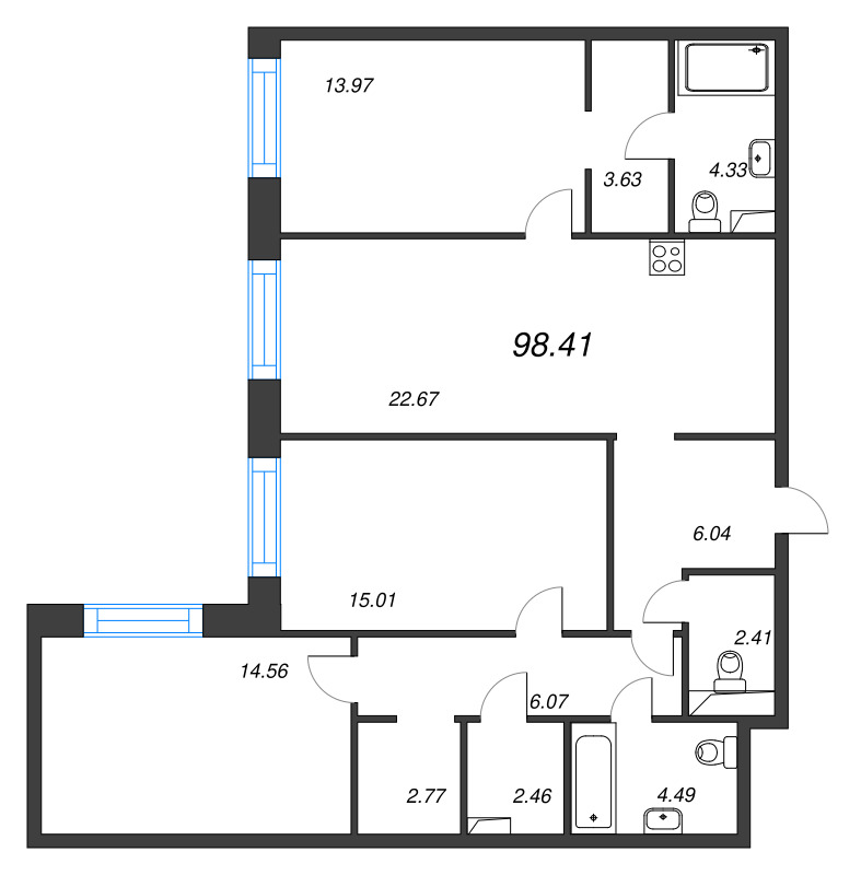 4-комнатная (Евро) квартира, 98.41 м² в ЖК "Остров Первых" - планировка, фото №1