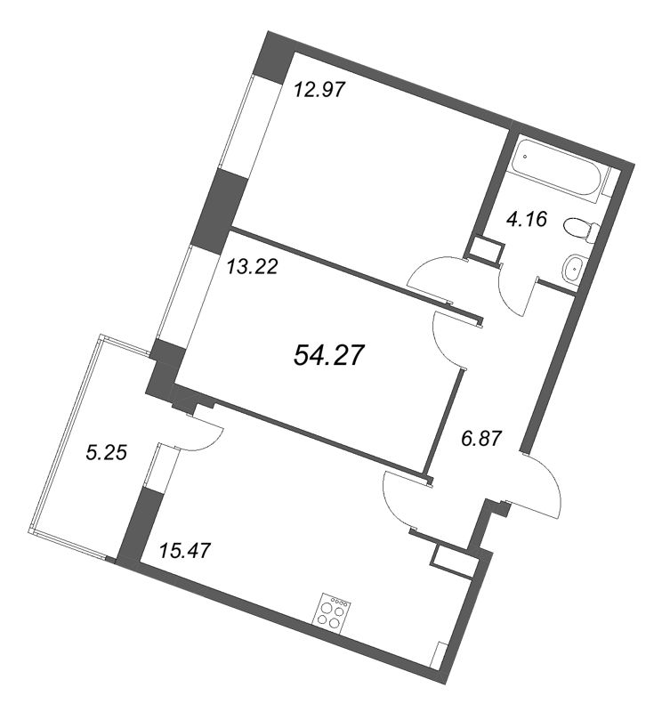 3-комнатная (Евро) квартира, 54.27 м² - планировка, фото №1