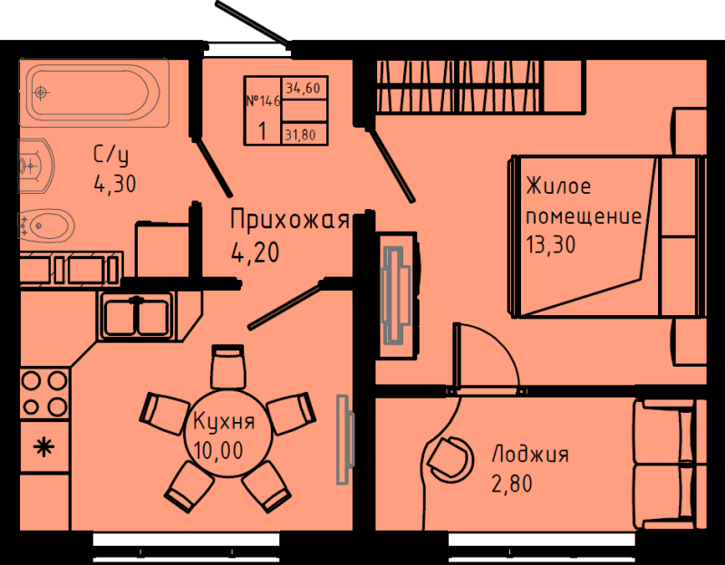 1-комнатная квартира, 34.6 м² в ЖК "Pixel" - планировка, фото №1