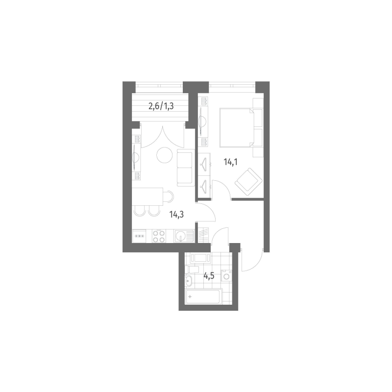 1-комнатная квартира, 40.05 м² - планировка, фото №1