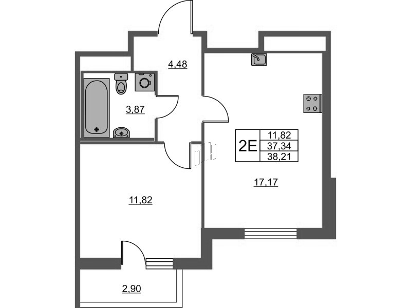 2-комнатная (Евро) квартира, 38.21 м² - планировка, фото №1