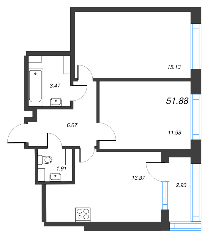 2-комнатная квартира, 51.88 м² - планировка, фото №1