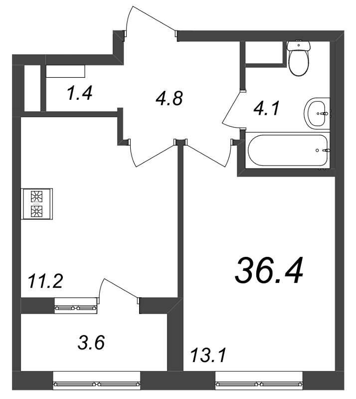 1-комнатная квартира, 36.4 м² в ЖК "Галактика" - планировка, фото №1