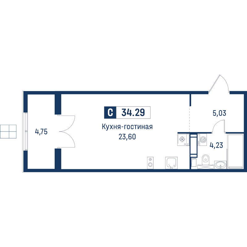 Квартира-студия, 34.29 м² в ЖК "Символист" - планировка, фото №1