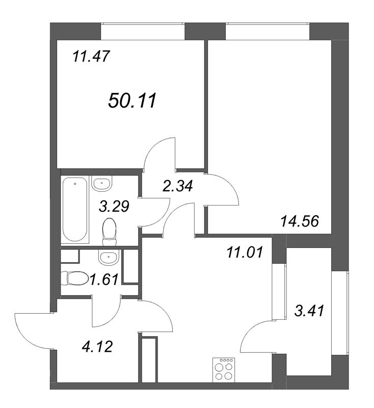 2-комнатная квартира, 50.11 м² в ЖК "Аурум" - планировка, фото №1