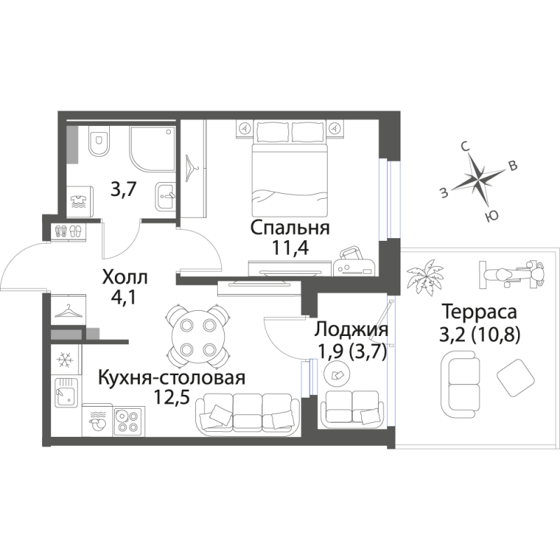 2-комнатная квартира, 36.8 м² в ЖК "Экография" - планировка, фото №1