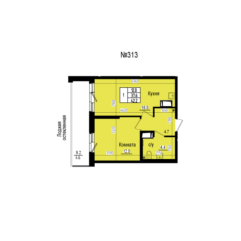 2-комнатная (Евро) квартира, 42.2 м² в ЖК "ПРАГМА СИТИ" - планировка, фото №1