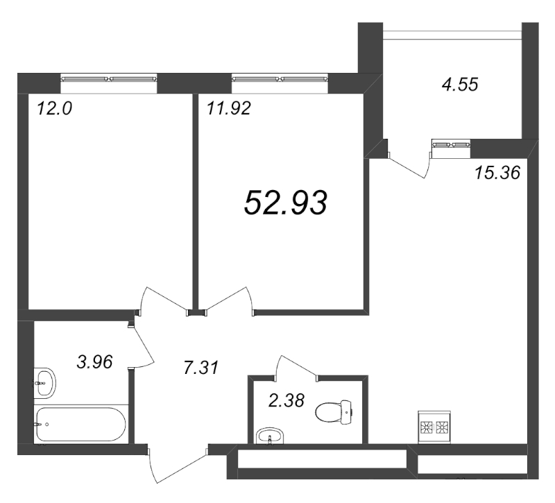 3-комнатная (Евро) квартира, 52.93 м² - планировка, фото №1