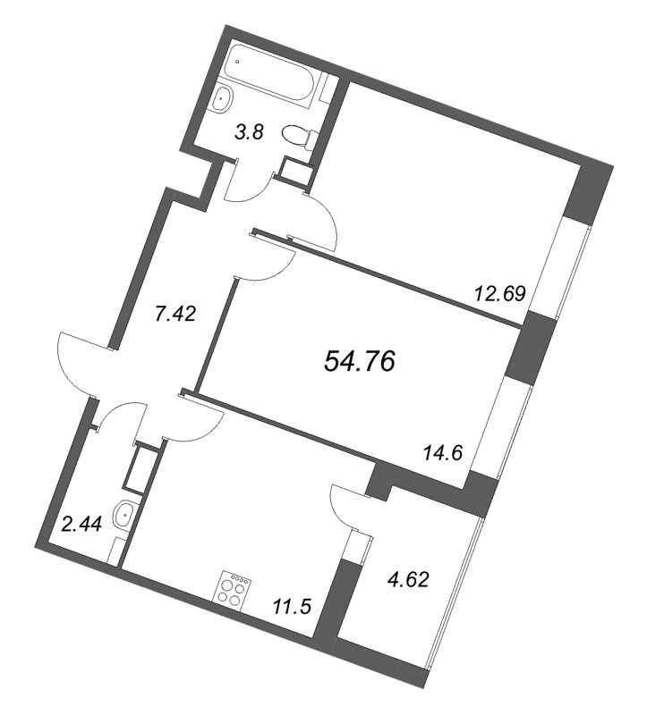 2-комнатная квартира, 54.76 м² в ЖК "Аквилон RekaPark" - планировка, фото №1