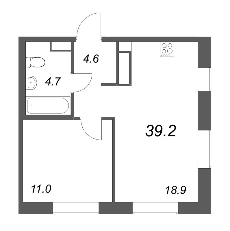 2-комнатная (Евро) квартира, 39.5 м² в ЖК "Куинджи" - планировка, фото №1