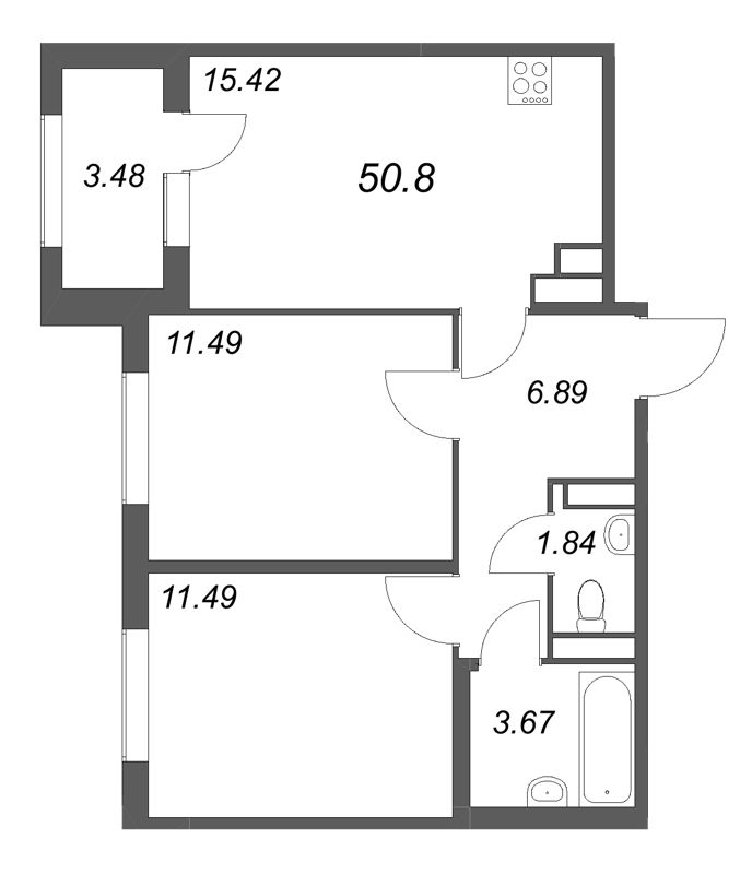 3-комнатная (Евро) квартира, 50.8 м² в ЖК "Дубровский" - планировка, фото №1