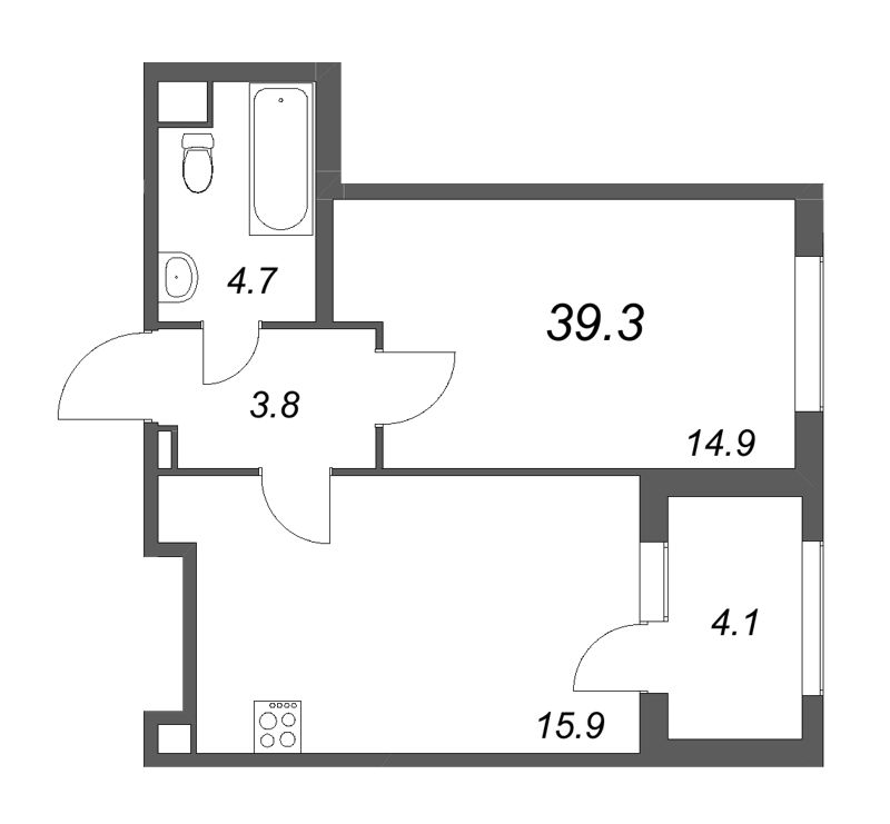 2-комнатная (Евро) квартира, 39.3 м² - планировка, фото №1