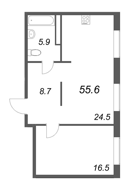 2-комнатная (Евро) квартира, 55.6 м² в ЖК "Визионер" - планировка, фото №1
