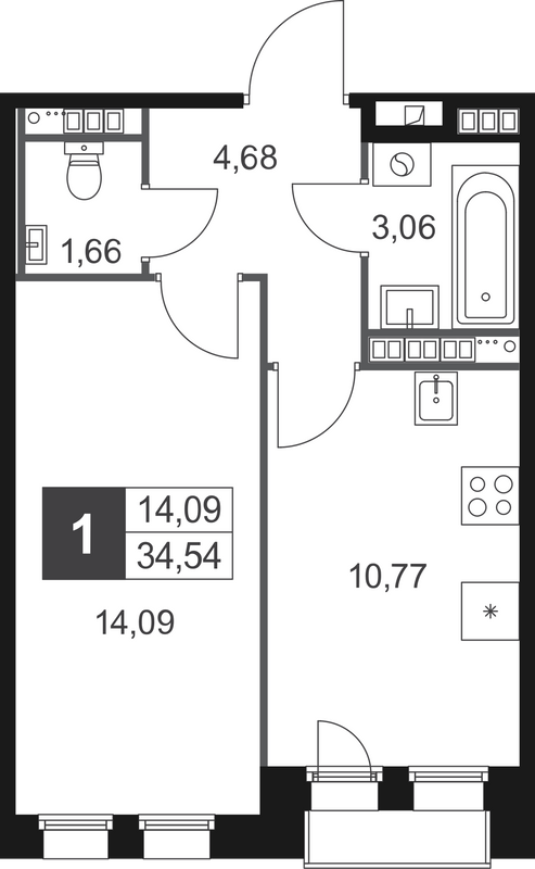 1-комнатная квартира, 34.54 м² в ЖК "Слобода" - планировка, фото №1