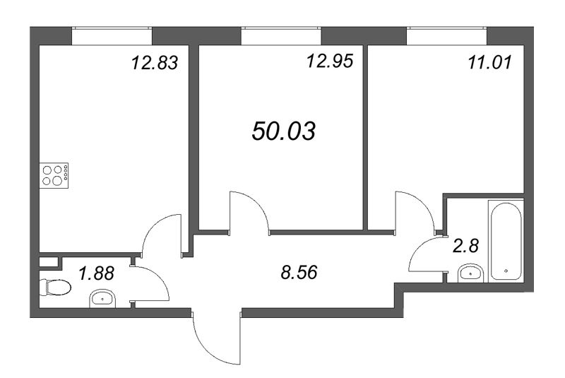 2-комнатная квартира, 50.03 м² в ЖК "Zoom на Неве" - планировка, фото №1