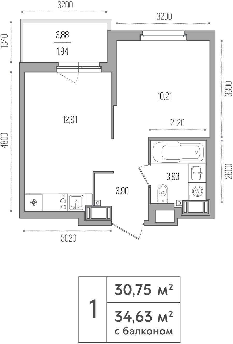 1-комнатная квартира, 30.75 м² в ЖК "Simple" - планировка, фото №1