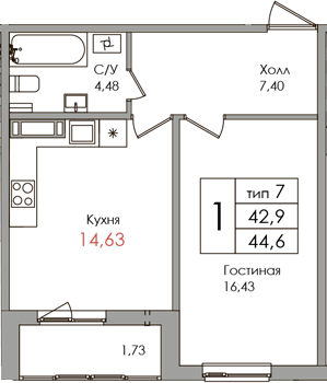 1-комнатная квартира, 42.9 м² в ЖК "Верхний" - планировка, фото №1