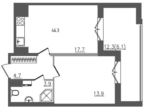2-комнатная (Евро) квартира, 46.6 м² - планировка, фото №1
