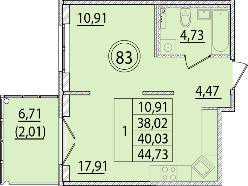 2-комнатная (Евро) квартира, 38.02 м² - планировка, фото №1