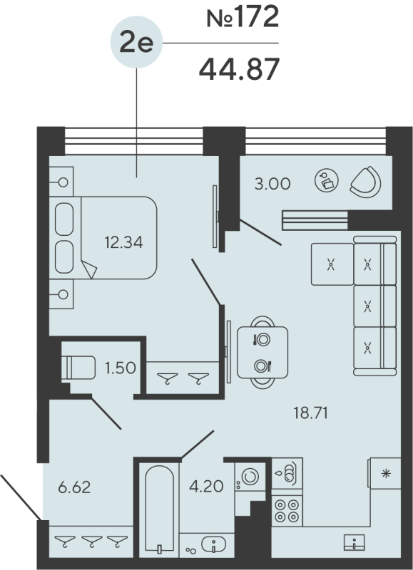 2-комнатная (Евро) квартира, 44.87 м² в ЖК "Башни Элемент" - планировка, фото №1