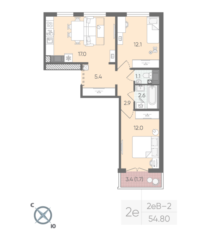 3-комнатная (Евро) квартира, 54.8 м² в ЖК "Пейзажный квартал" - планировка, фото №1