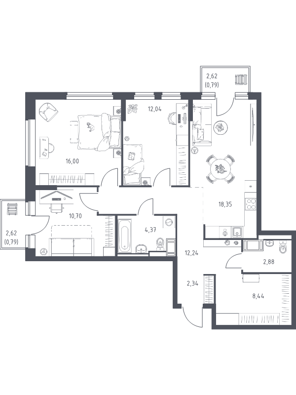 4-комнатная (Евро) квартира, 88.94 м² в ЖК "Новое Колпино" - планировка, фото №1