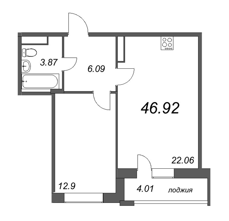 2-комнатная (Евро) квартира, 46.92 м² - планировка, фото №1