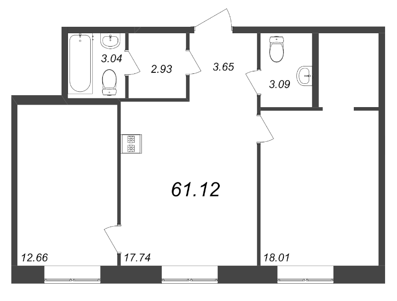 3-комнатная (Евро) квартира, 61.12 м² - планировка, фото №1