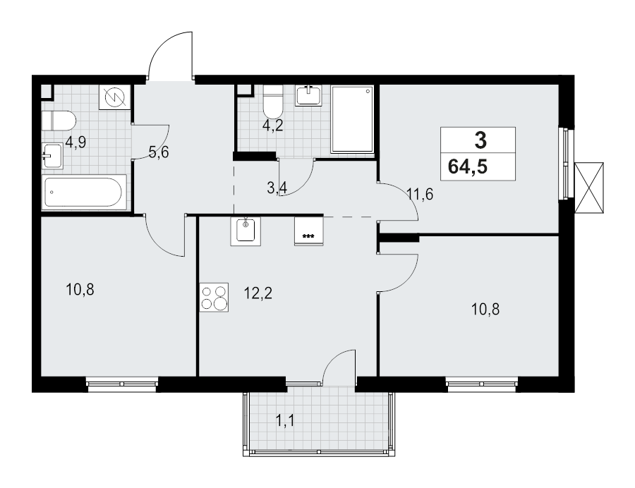 3-комнатная квартира, 64.51 м² - планировка, фото №1