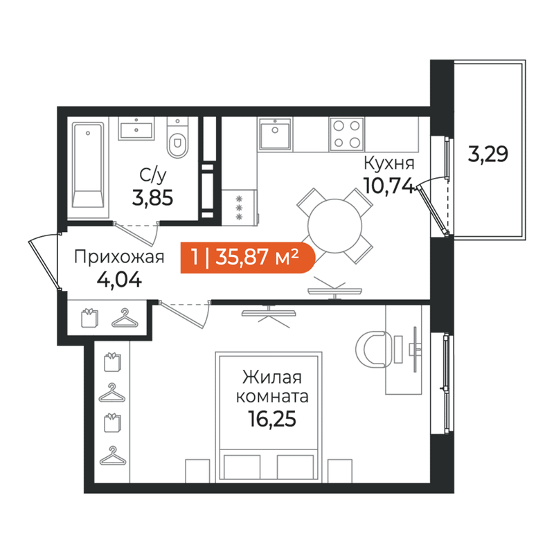 1-комнатная квартира, 35.87 м² в ЖК "Алгоритм Квинта" - планировка, фото №1