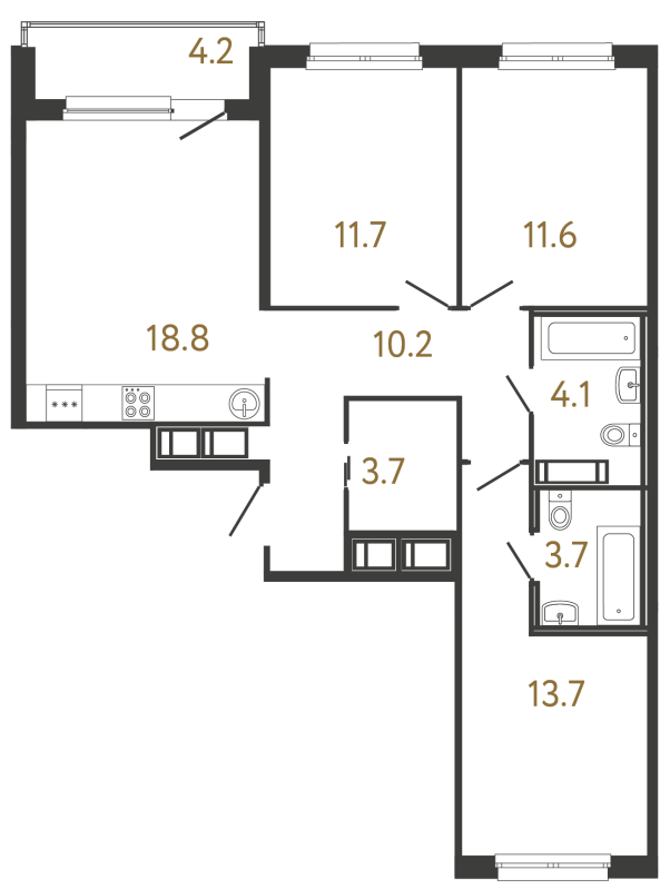 4-комнатная (Евро) квартира, 77.5 м² в ЖК "Передвижники" - планировка, фото №1