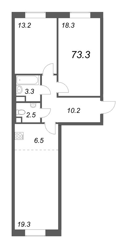 3-комнатная (Евро) квартира, 73 м² - планировка, фото №1