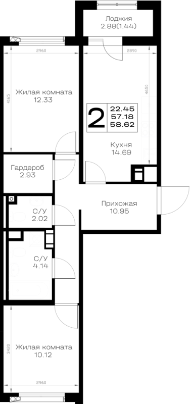 2-комнатная квартира, 58.62 м² в ЖК "Борский" - планировка, фото №1