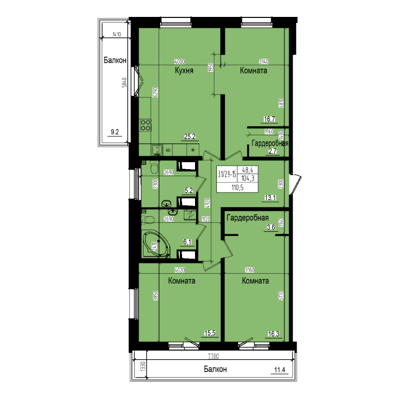 4-комнатная (Евро) квартира, 110.5 м² в ЖК "ПРАГМА СИТИ" - планировка, фото №1