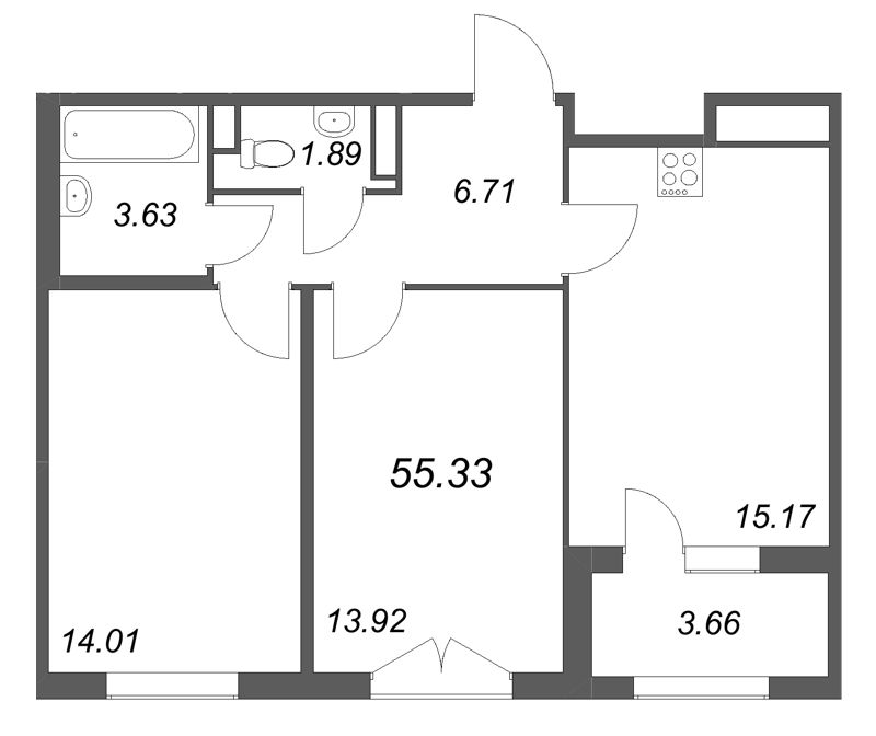 3-комнатная (Евро) квартира, 55.33 м² - планировка, фото №1