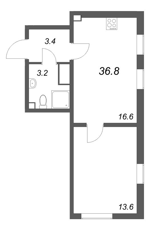 2-комнатная (Евро) квартира, 36.8 м² в ЖК "Октябрьская набережная" - планировка, фото №1