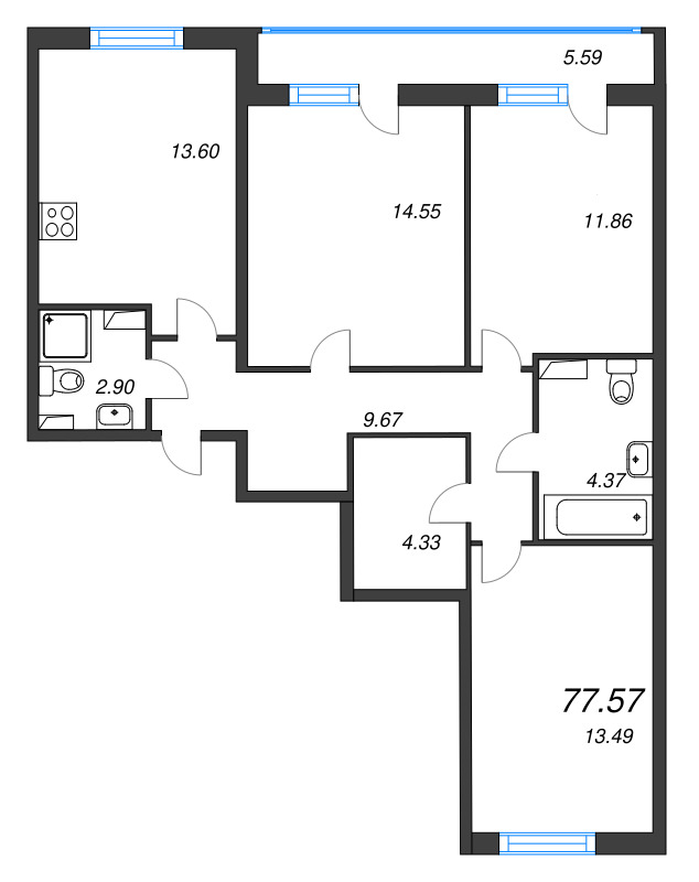 3-комнатная квартира, 77.57 м² - планировка, фото №1