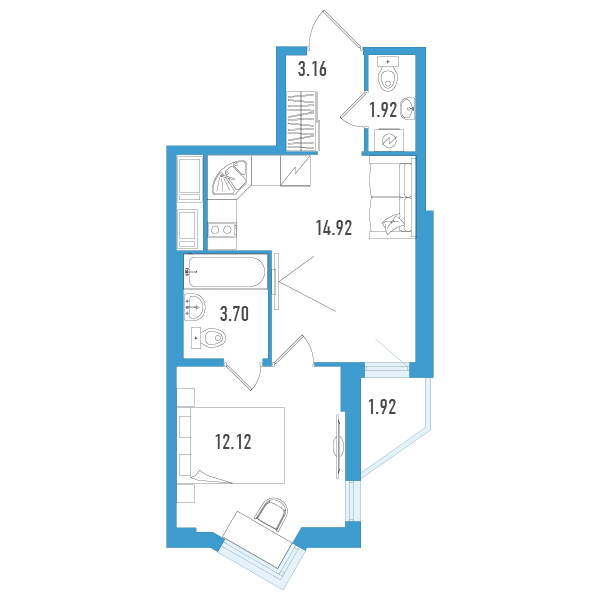 1-комнатная квартира, 36.78 м² - планировка, фото №1