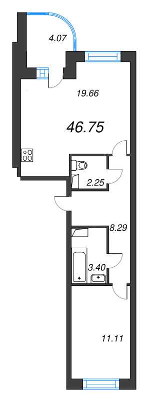 2-комнатная (Евро) квартира, 46.75 м² в ЖК "Энфилд" - планировка, фото №1