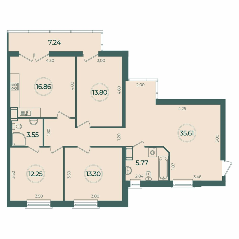 4-комнатная (Евро) квартира, 103.31 м² в ЖК "Дуалист" - планировка, фото №1