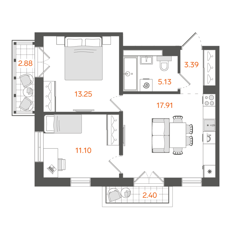 3-комнатная (Евро) квартира, 51.92 м² в ЖК "STAVNI Обводный" - планировка, фото №1