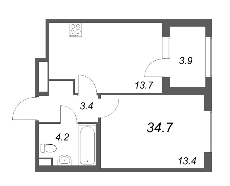 1-комнатная квартира, 34.7 м² в ЖК "ЮгТаун" - планировка, фото №1