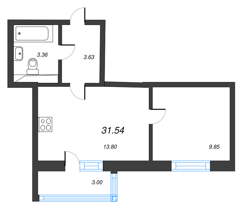 2-комнатная (Евро) квартира, 31.54 м² в ЖК "Лето" - планировка, фото №1