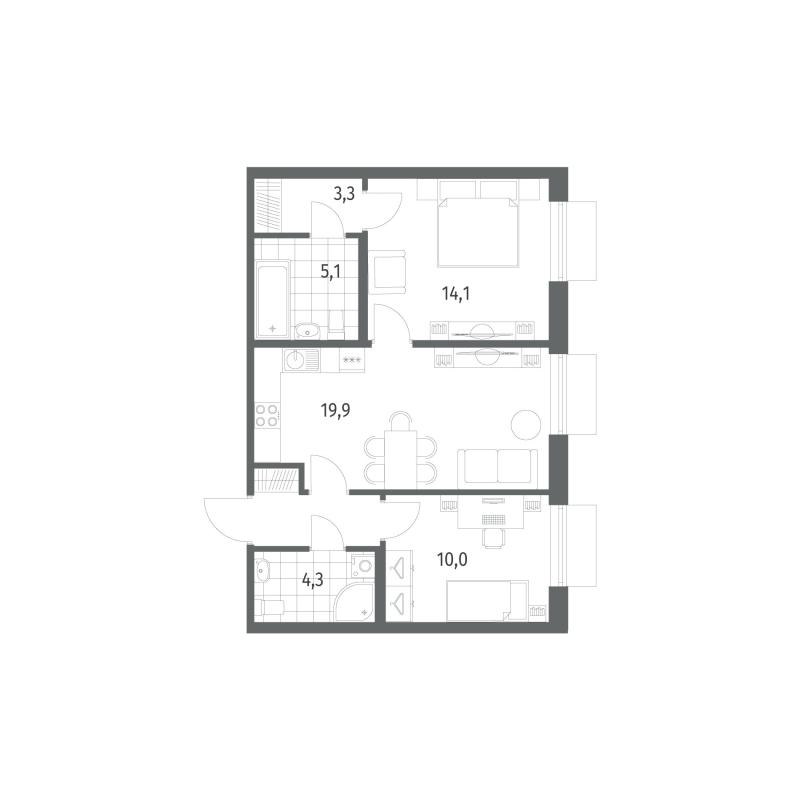 3-комнатная (Евро) квартира, 60.4 м² в ЖК "Парусная 1" - планировка, фото №1