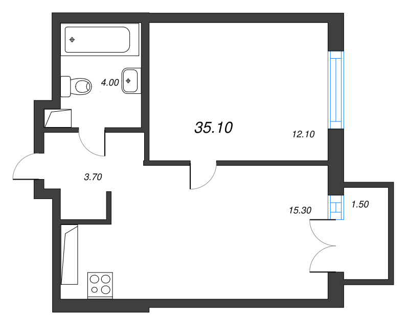 2-комнатная (Евро) квартира, 35.1 м² в ЖК "Струны" - планировка, фото №1