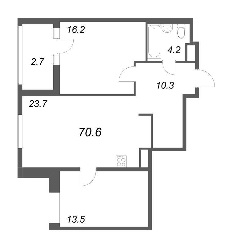 2-комнатная квартира, 70.6 м² в ЖК "Моисеенко 10" - планировка, фото №1