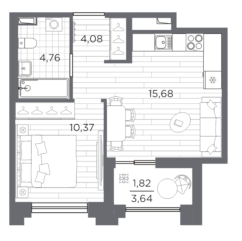 2-комнатная (Евро) квартира, 36.71 м² в ЖК "Ассамблея" - планировка, фото №1